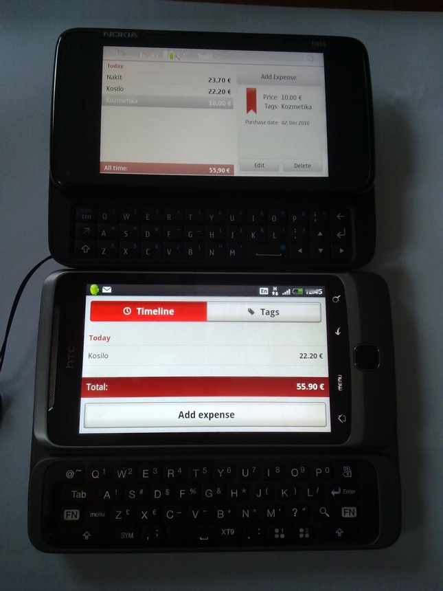 Nokia N900, HTC Desire Z in Toshl